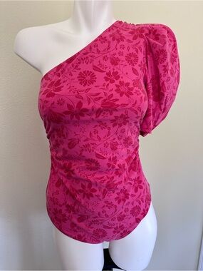 Free People Hot Pink Floral One-Shoulder Puff-Sleeve Bodysuit